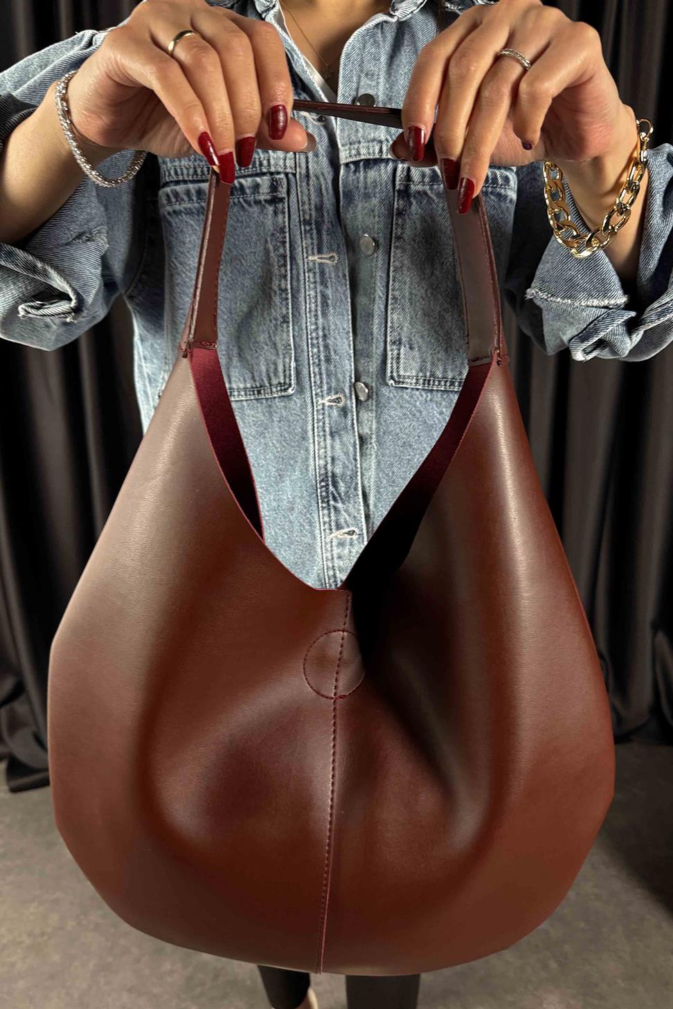 Çıt Çıt Kapatmalı Makyaj Çantası El ve Omuz Çantası Bordo