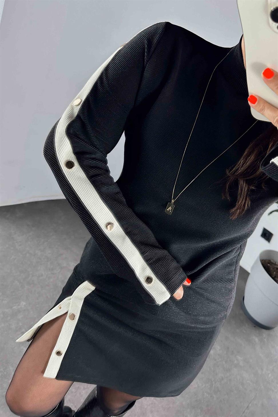 Çıtçıt Detay Etekli Örme Kadın Takım Siyah