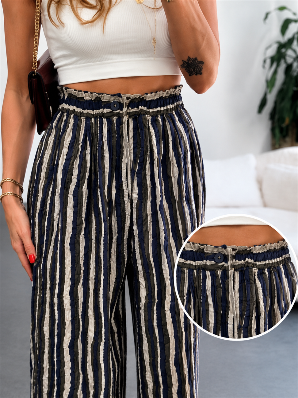 Çizgi Detaylı Beli Lastikli Tiril Pantolon