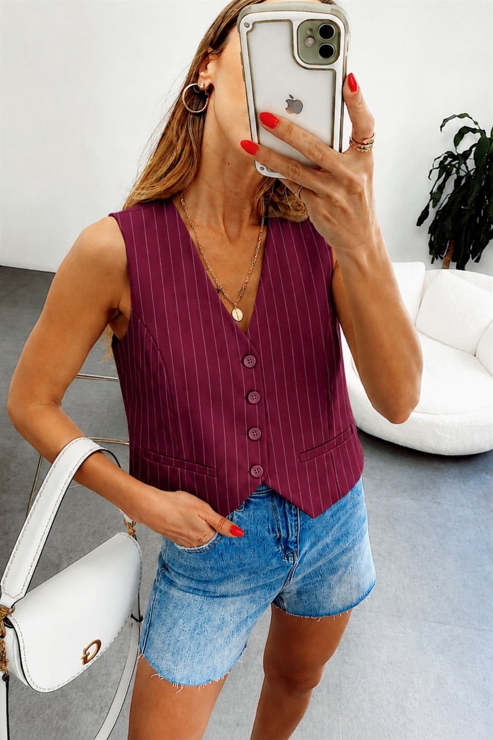 Çizgili Saten Astarlı Crop Yelek Bordo