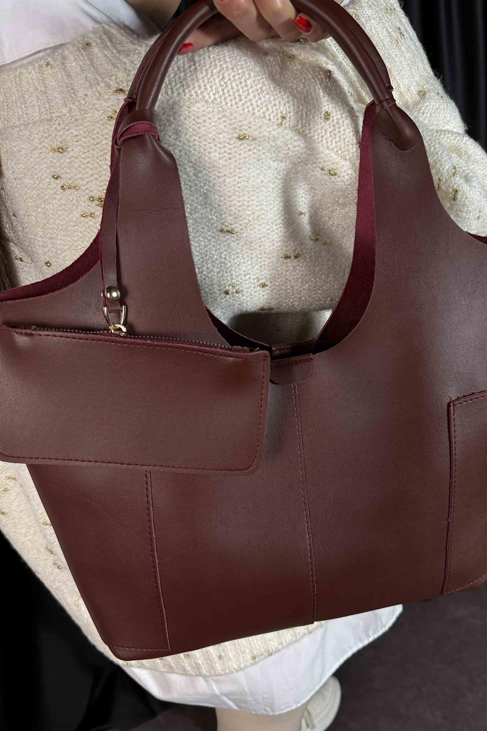 Cüzdan Detaylı Tote Çanta Bordo