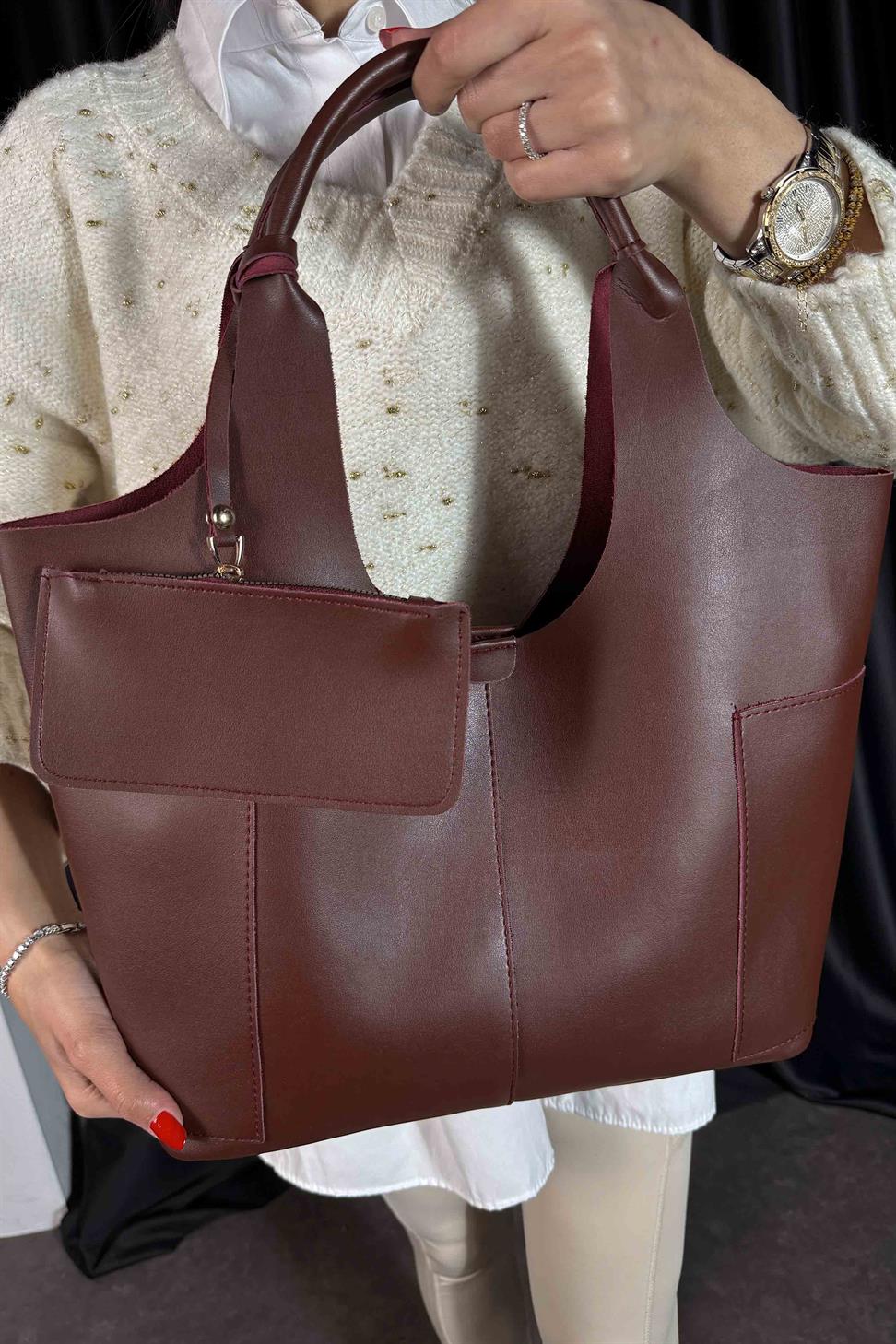 Cüzdan Detaylı Tote Çanta Bordo