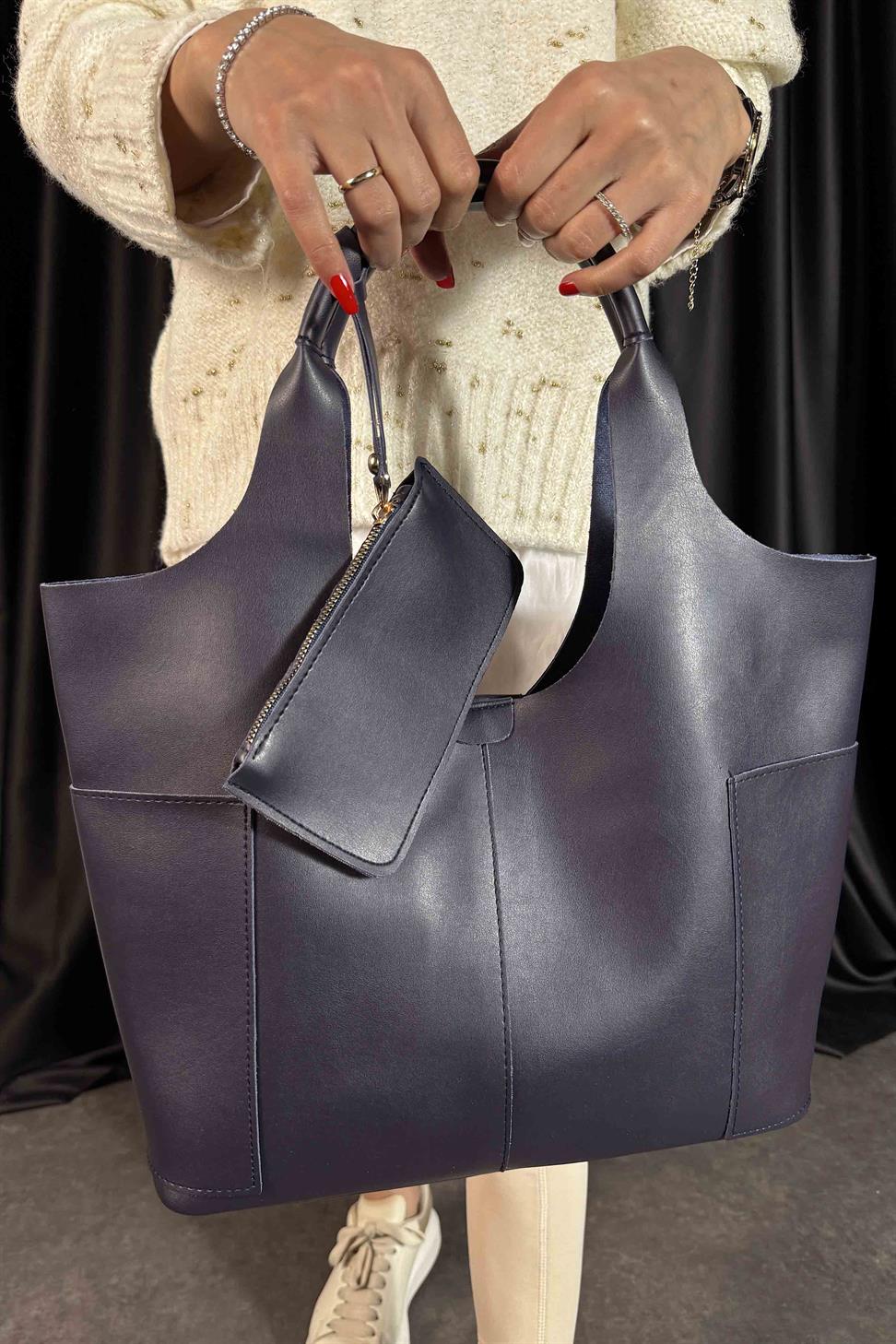 Cüzdan Detaylı Tote Çanta Lacivert