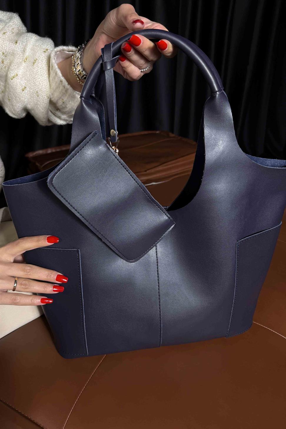 Cüzdan Detaylı Tote Çanta Lacivert