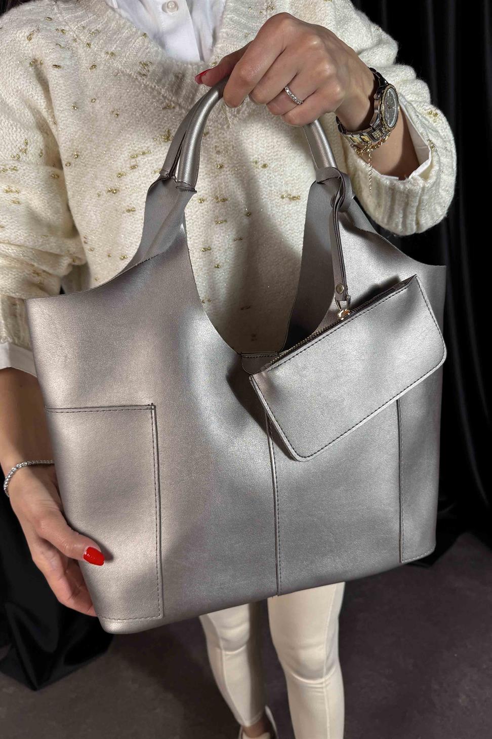 Cüzdan Detaylı Tote Çanta Metalik Gri