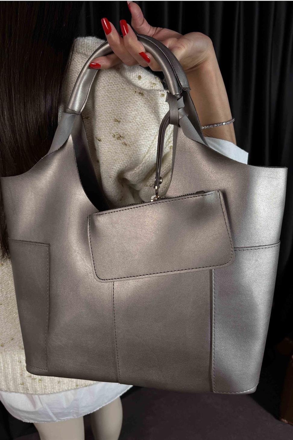 Cüzdan Detaylı Tote Çanta Metalik Gri
