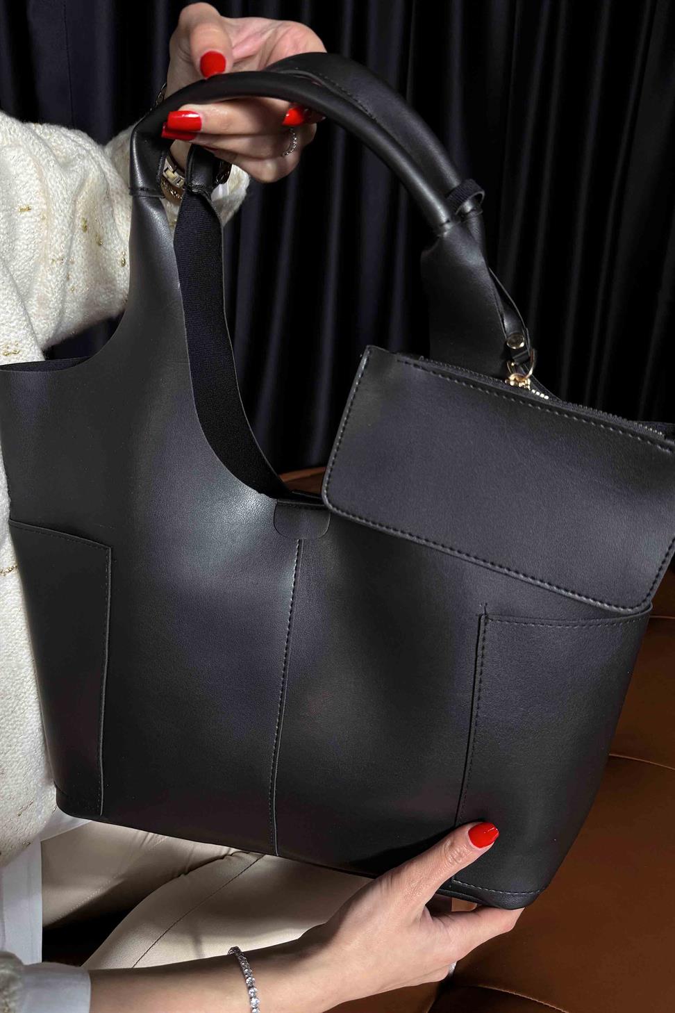 Cüzdan Detaylı Tote Çanta Siyah