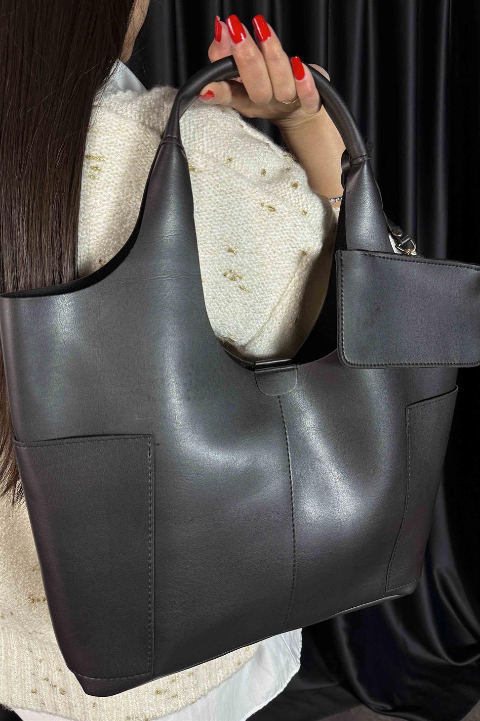 Cüzdan Detaylı Tote Çanta Siyah