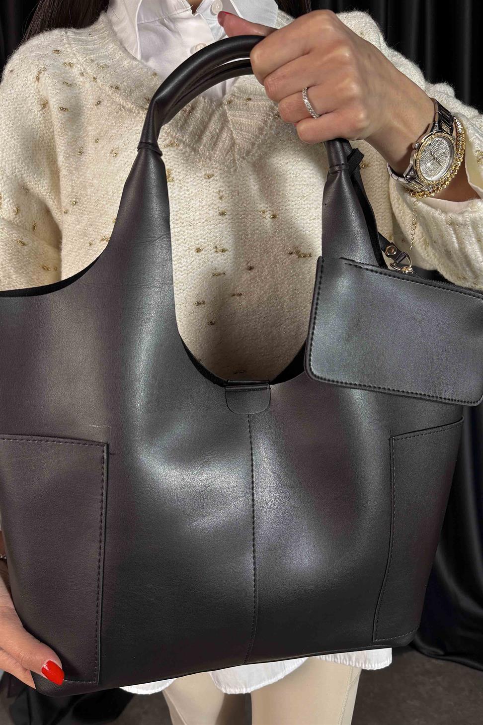 Cüzdan Detaylı Tote Çanta Siyah