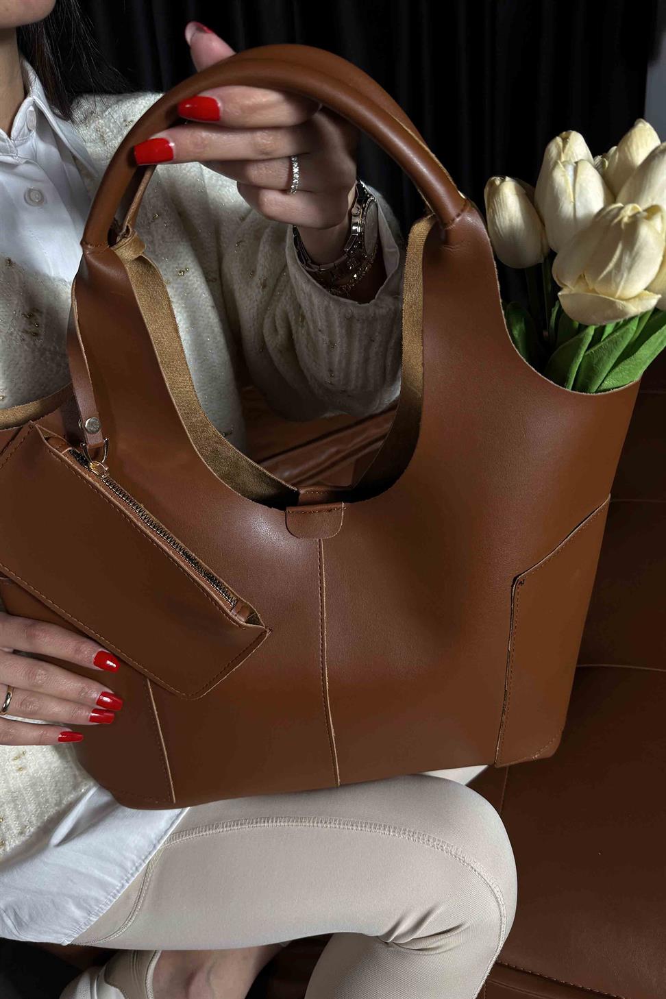 Cüzdan Detaylı Tote Çanta Taba