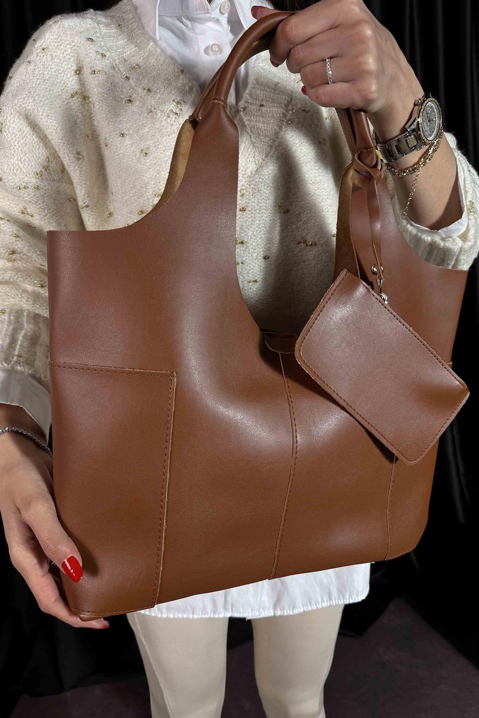 Cüzdan Detaylı Tote Çanta Taba