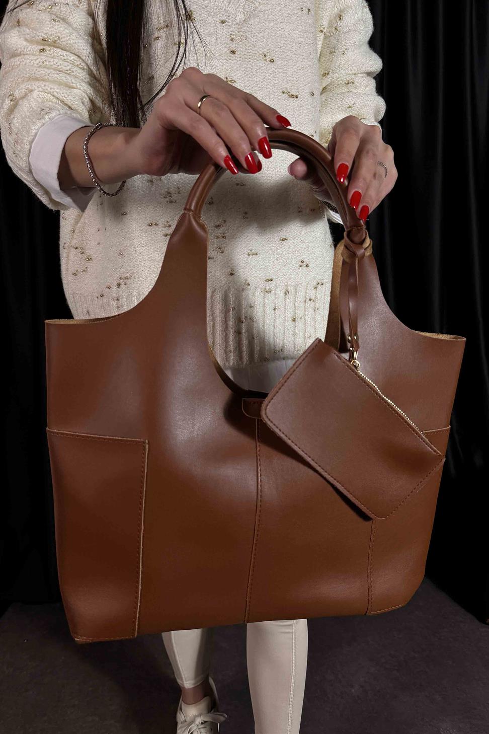 Cüzdan Detaylı Tote Çanta Taba