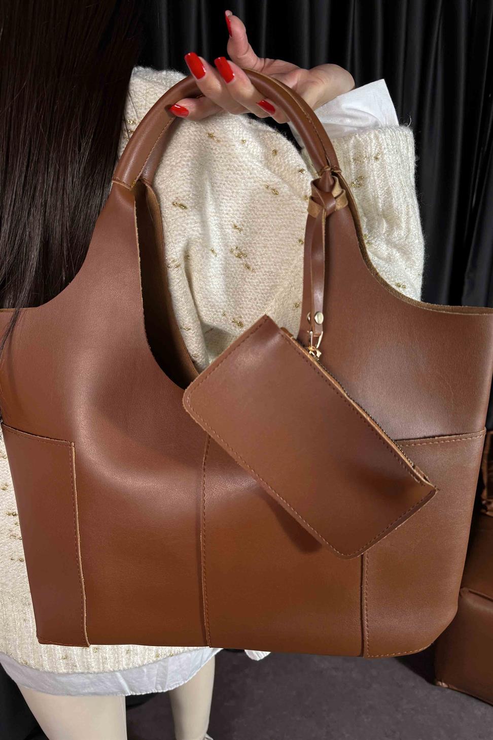 Cüzdan Detaylı Tote Çanta Taba