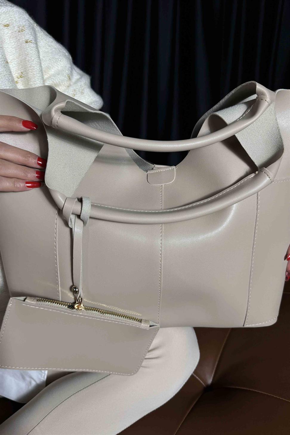 Cüzdan Detaylı Tote Çanta Taş