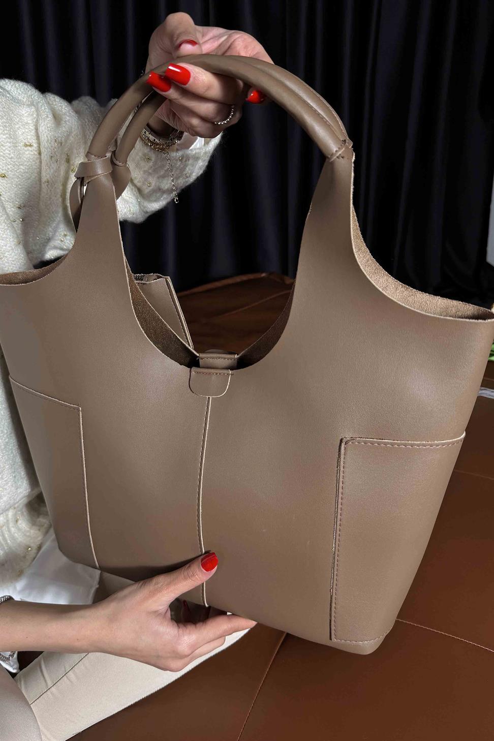 Cüzdan Detaylı Tote Çanta Vizon