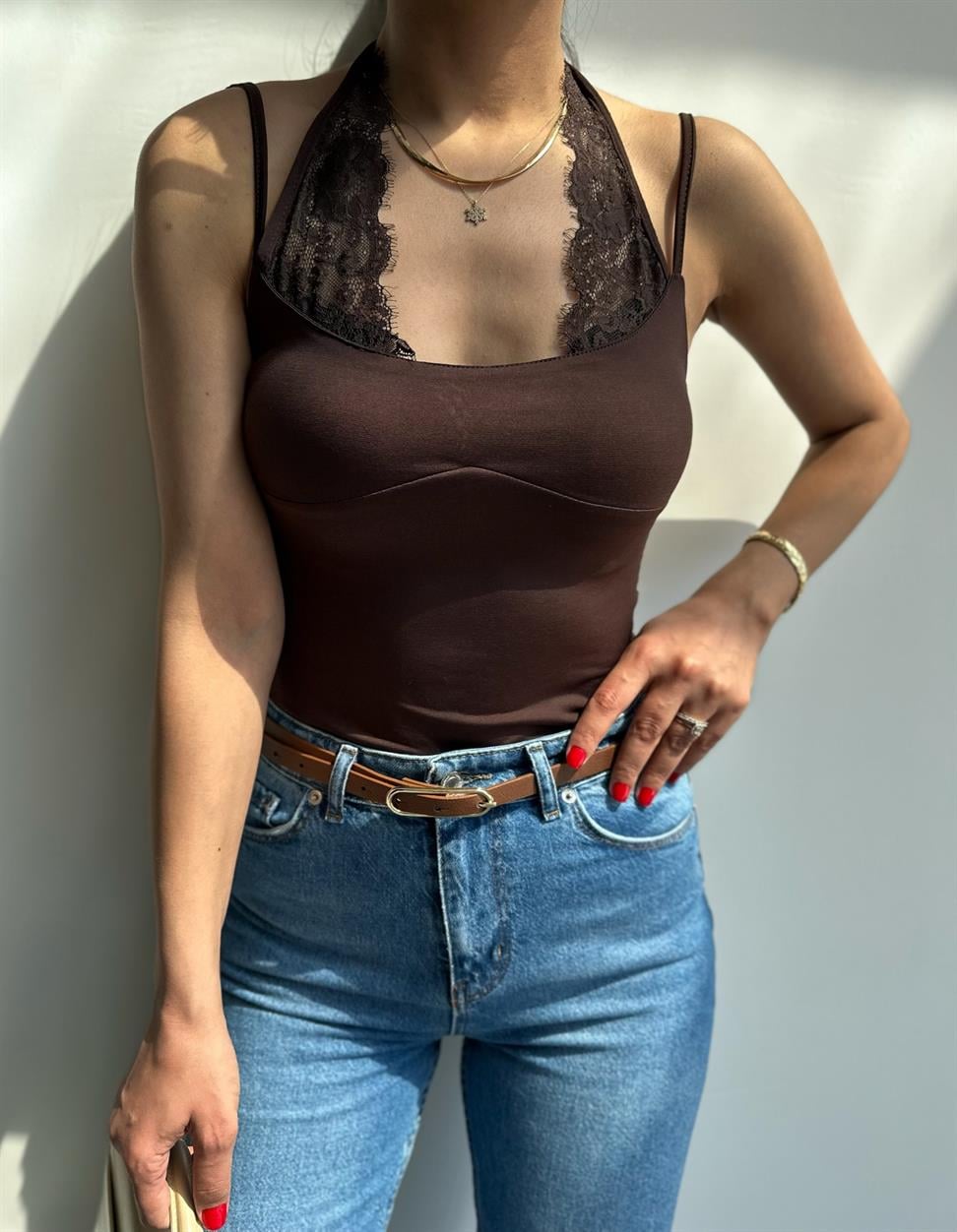 Dantel Detaylı Bodysuit Kahve