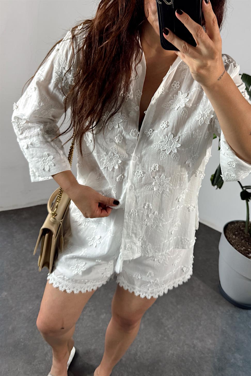 Dantel Detaylı Nakışlı Takım Beyaz