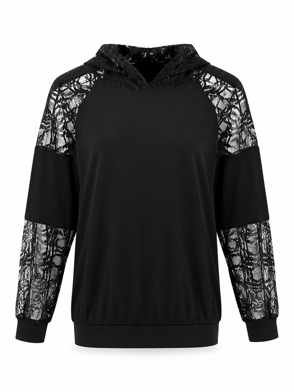 Dantel Kol ve Şapka Detaylı Sweatshirt Siyah