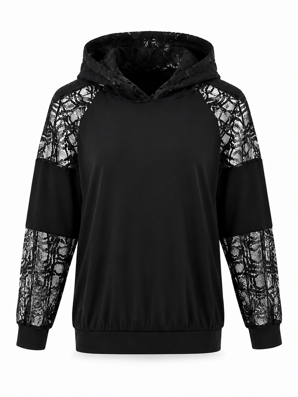 Dantel Kol ve Şapka Detaylı Sweatshirt Siyah