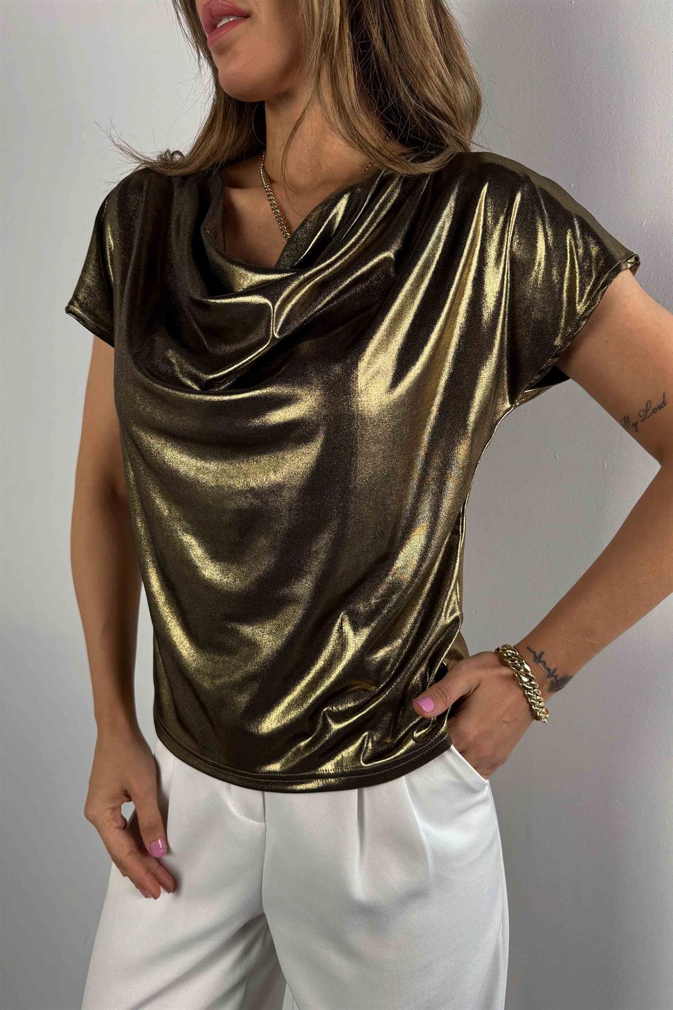 Degaje Yaka Parlak Bluz Gold