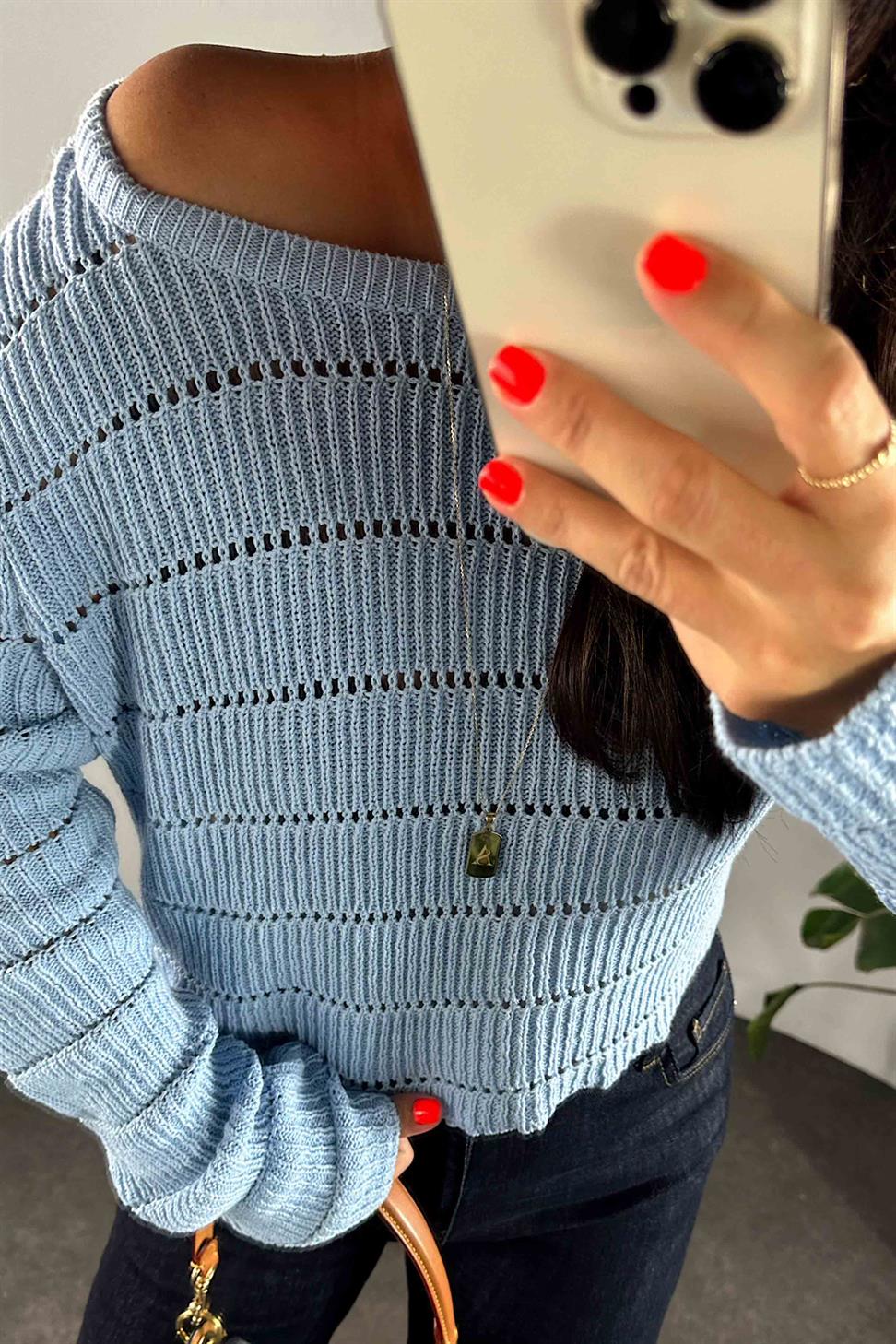 Delikli Triko Crop Kadın Kazak Bebe Mavisi