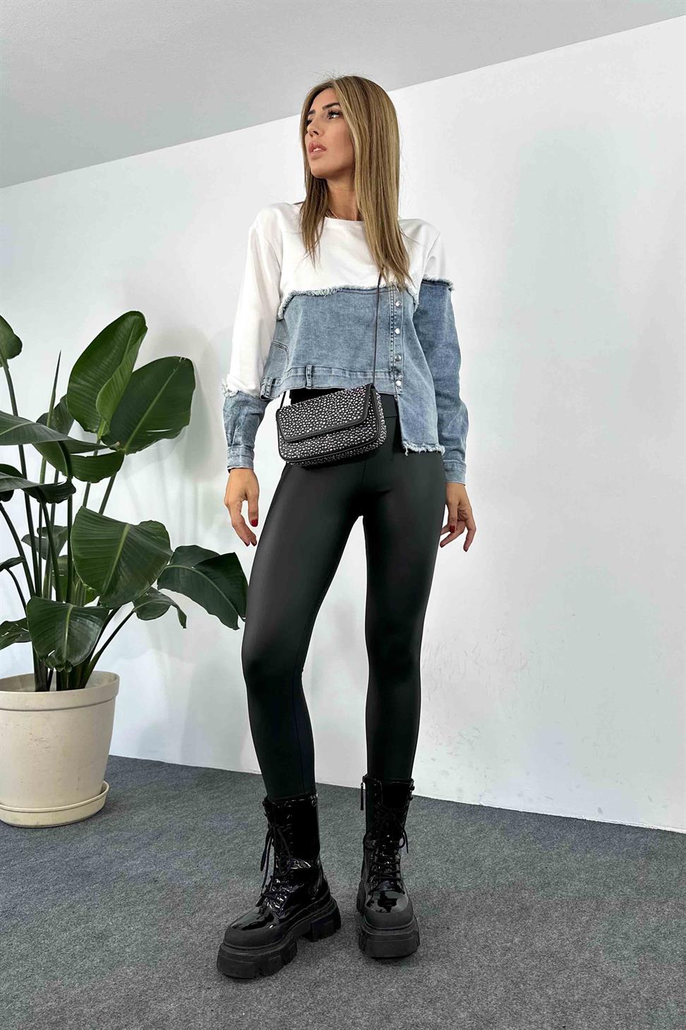 Denim Detaylı Asimetrik Kadın Sweatshirt Beyaz