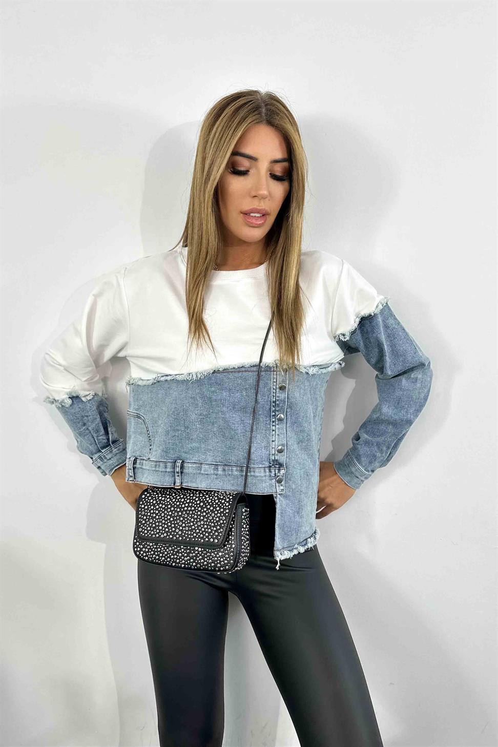 Denim Detaylı Asimetrik Kadın Sweatshirt Beyaz