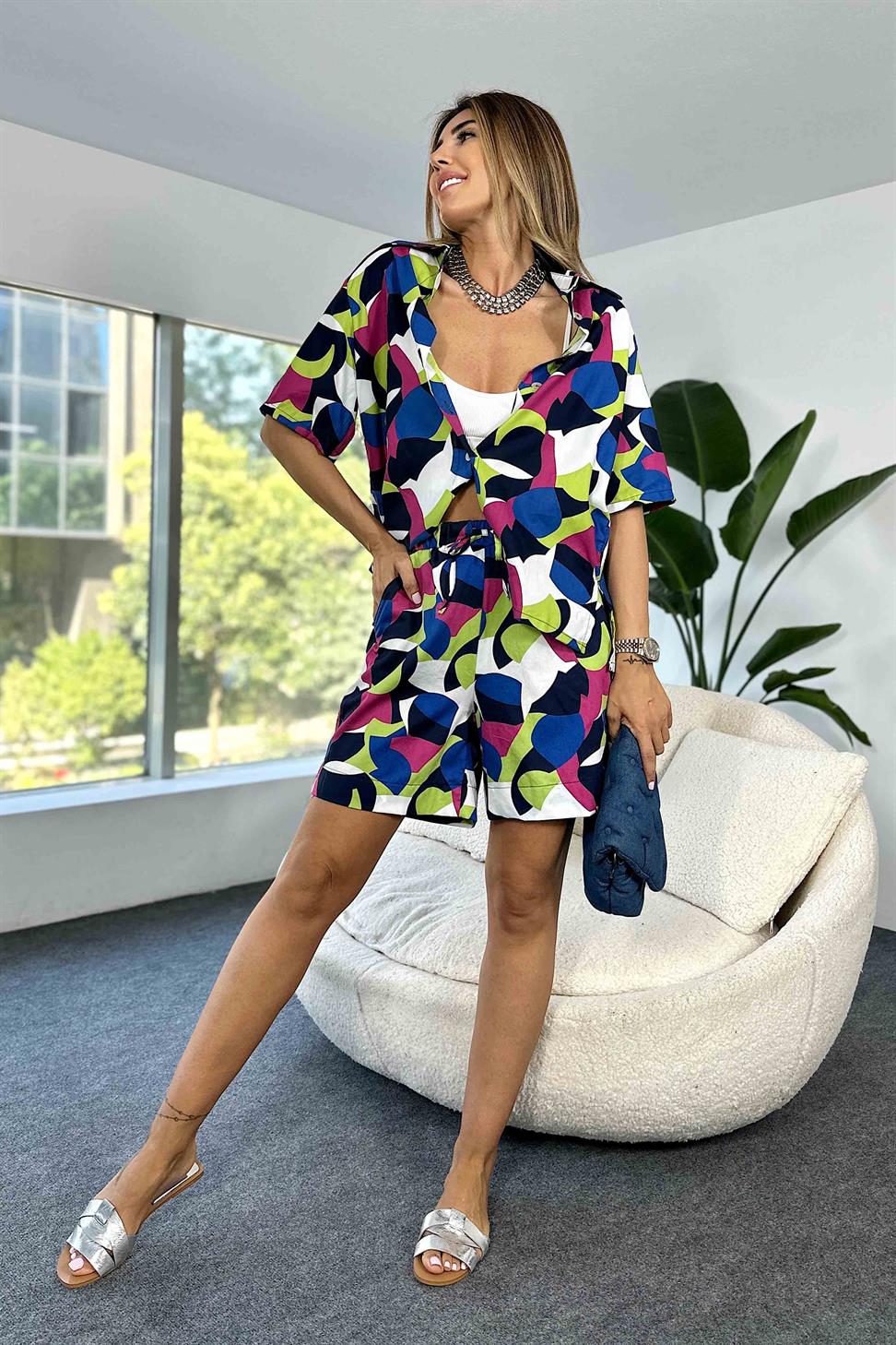 Desenli Tasarım Pamuklu Kadın Takım Renkli