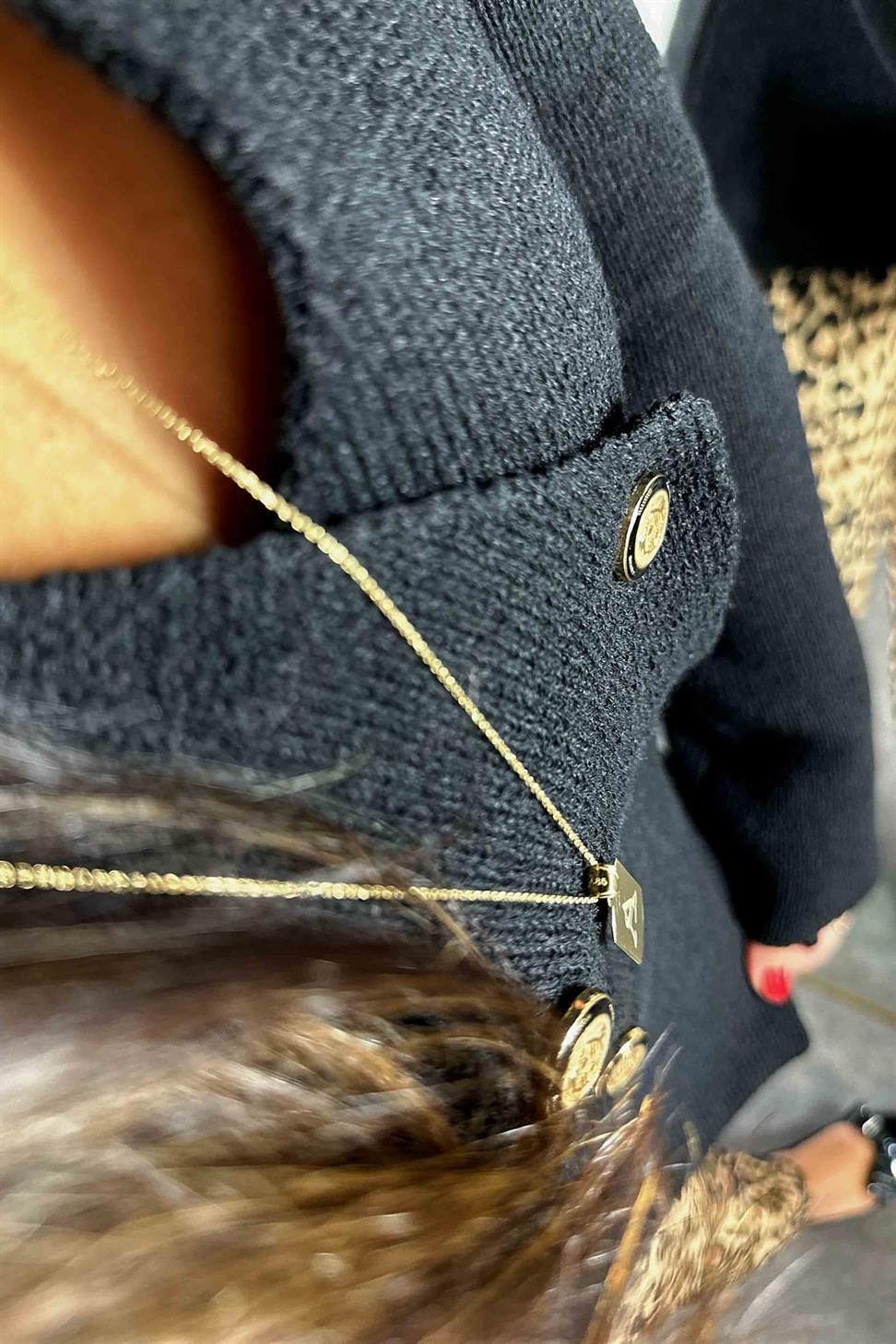 Dört Düğmeli Çelik Örme Triko Kadın Ceket Hırka Siyah