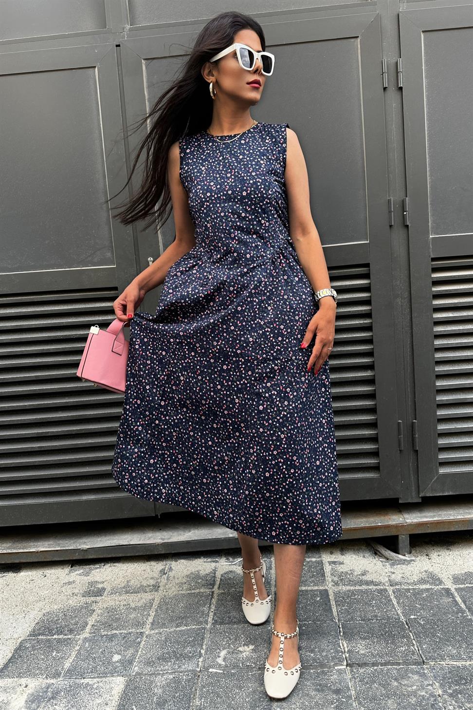 Drape Detay Çıtır Desen Poplin Elbise Lacivert