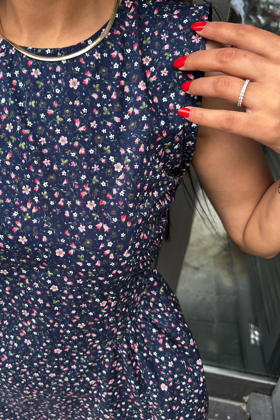 Drape Detay Çıtır Desen Poplin Elbise Lacivert