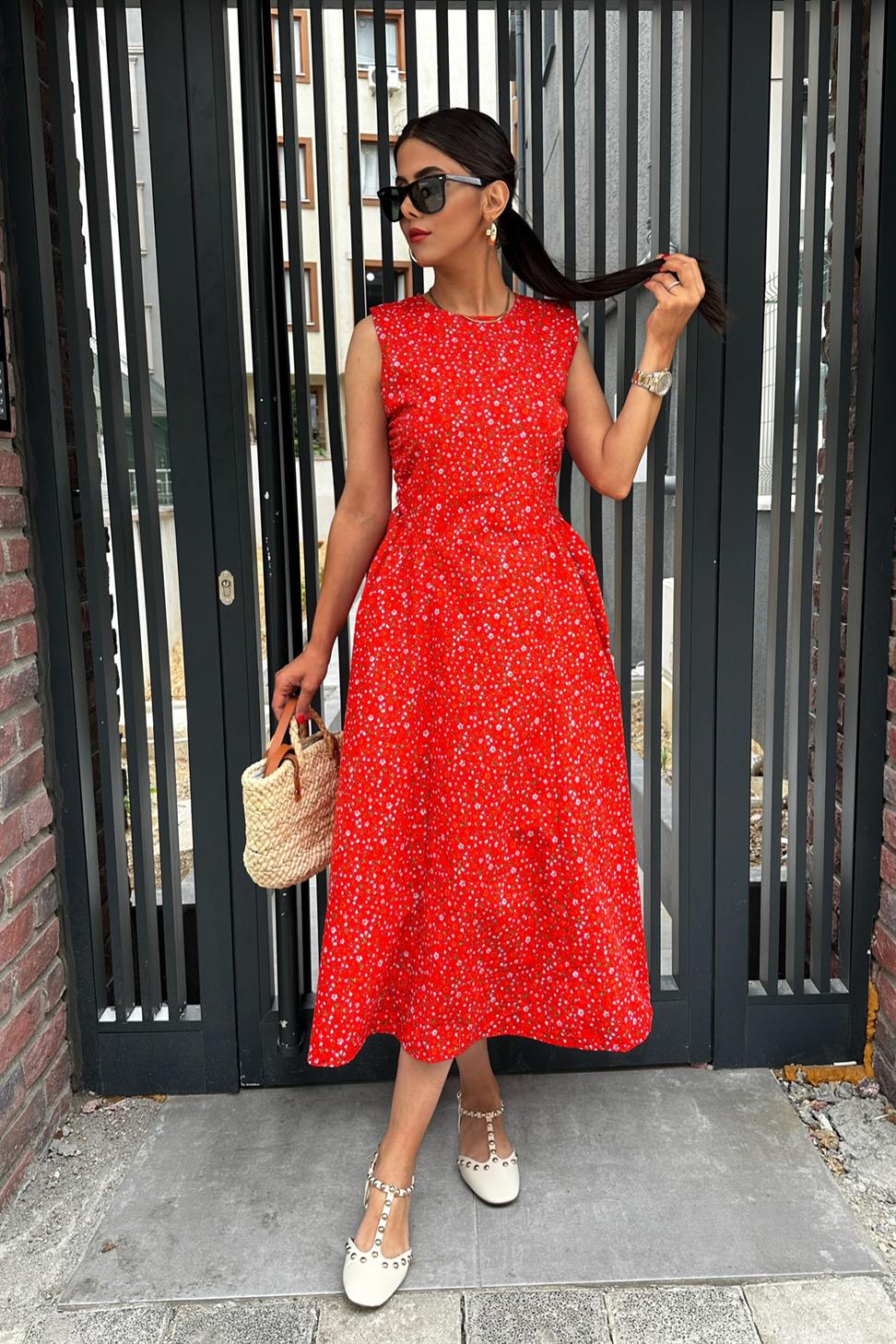 Drape Detay Çıtır Desen Poplin Elbise Kırmızı