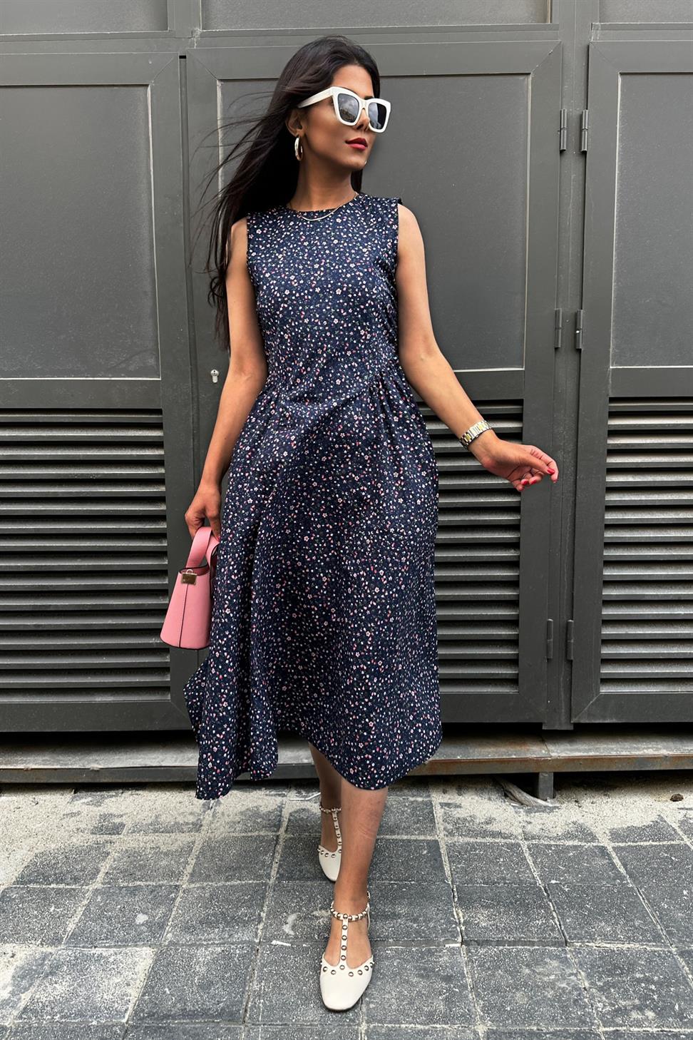 Drape Detay Çıtır Desen Poplin Elbise Lacivert