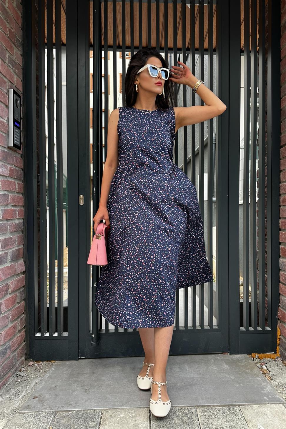 Drape Detay Çıtır Desen Poplin Elbise Lacivert