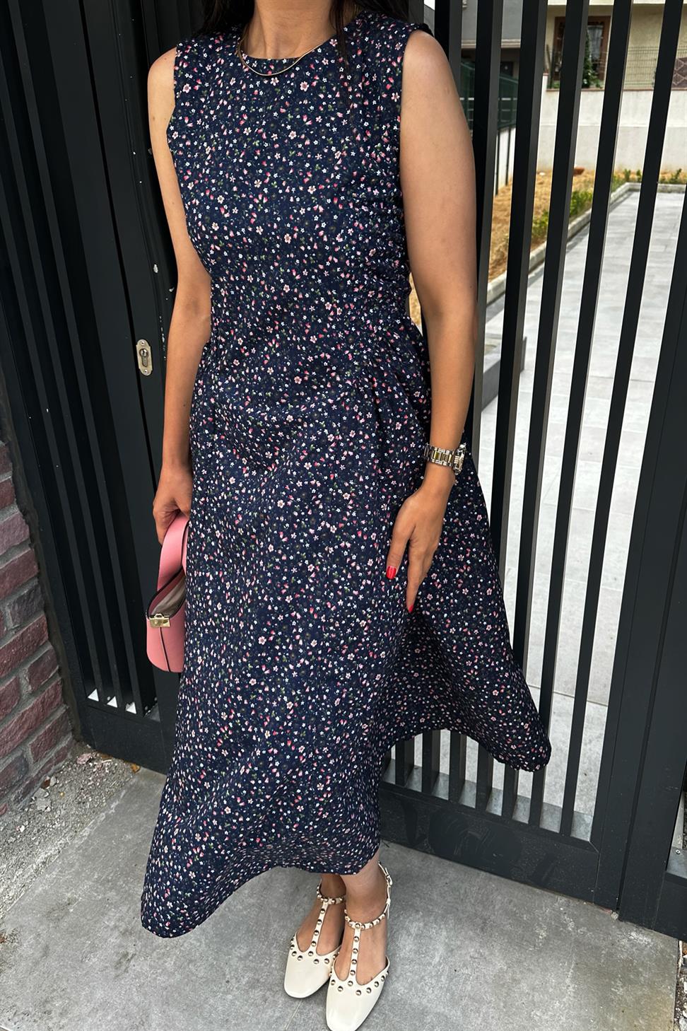 Drape Detay Çıtır Desen Poplin Elbise Lacivert