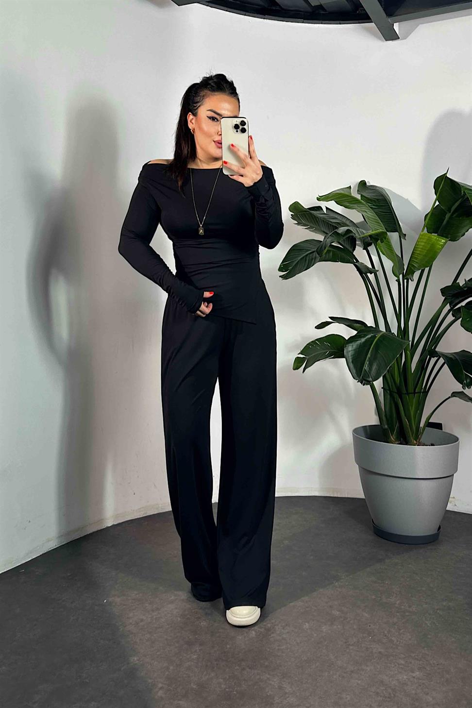 Drapeli Asimetrik Kesim Bluz Pantolon Modal Takım Siyah