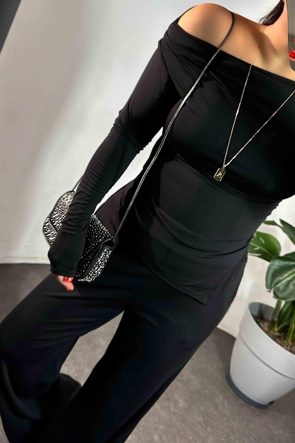 Drapeli Asimetrik Kesim Bluz Pantolon Modal Takım Siyah