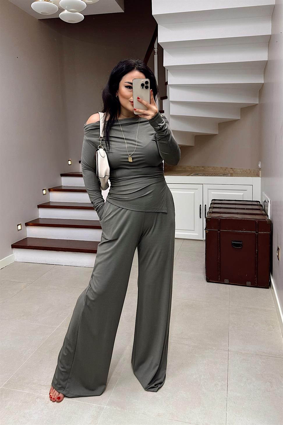 Drapeli Asimetrik Kesim Bluz Pantolon Modal Takım Haki