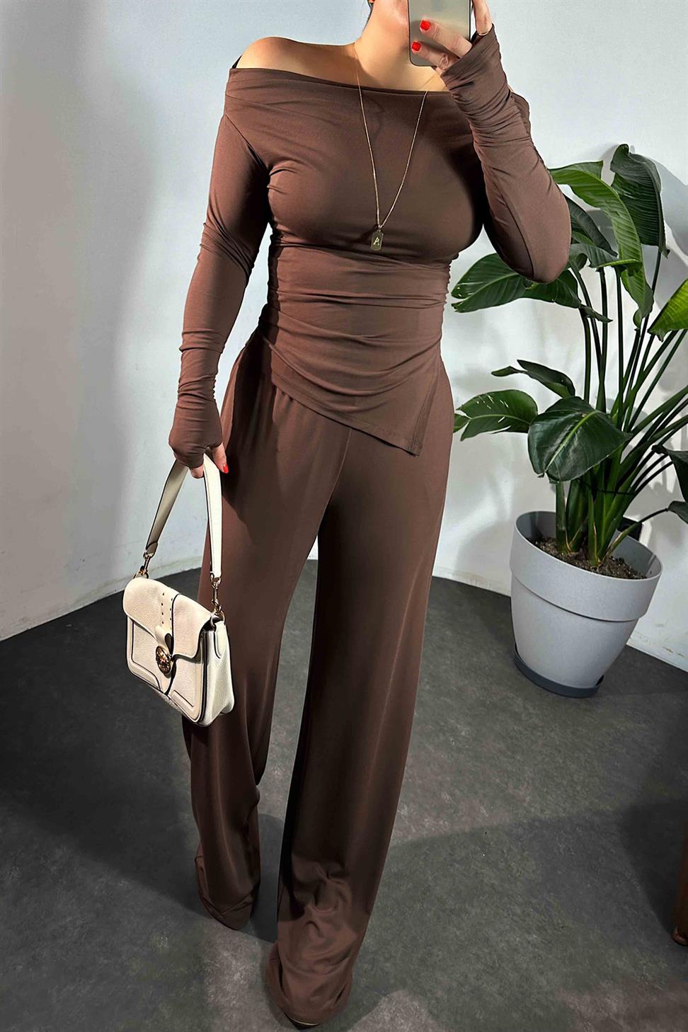 Drapeli Asimetrik Kesim Bluz Pantolon Modal Takım Acı Kahve