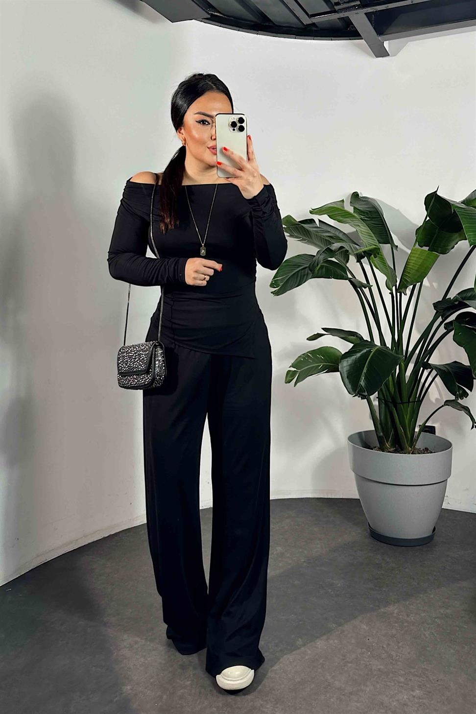 Drapeli Asimetrik Kesim Bluz Pantolon Modal Takım Siyah