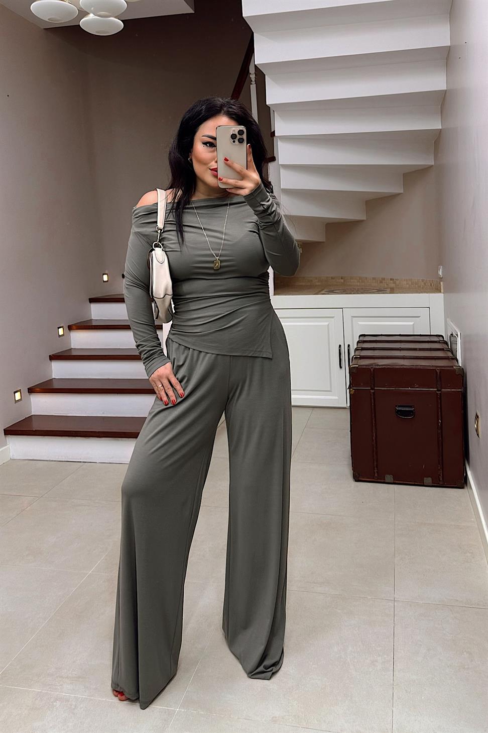 Drapeli Asimetrik Kesim Bluz Pantolon Modal Takım Haki