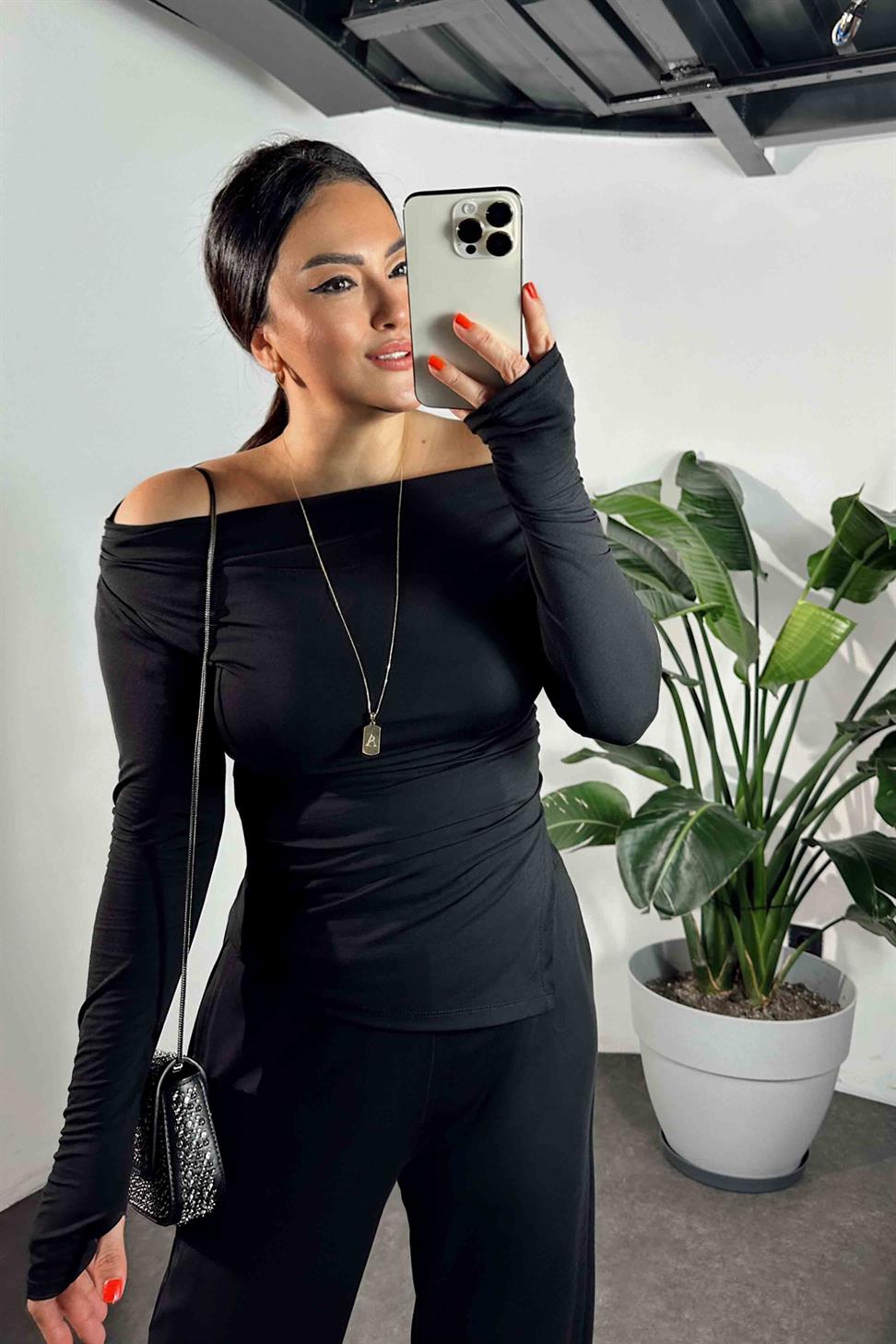 Drapeli Asimetrik Kesim Bluz Pantolon Modal Takım Siyah