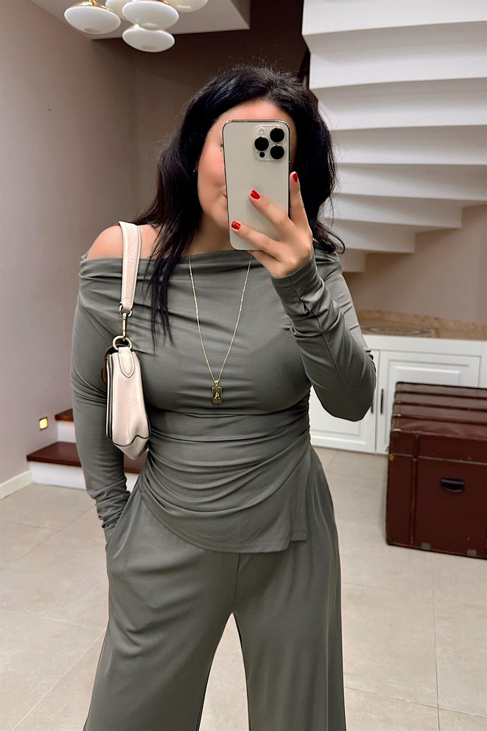 Drapeli Asimetrik Kesim Bluz Pantolon Modal Takım Haki