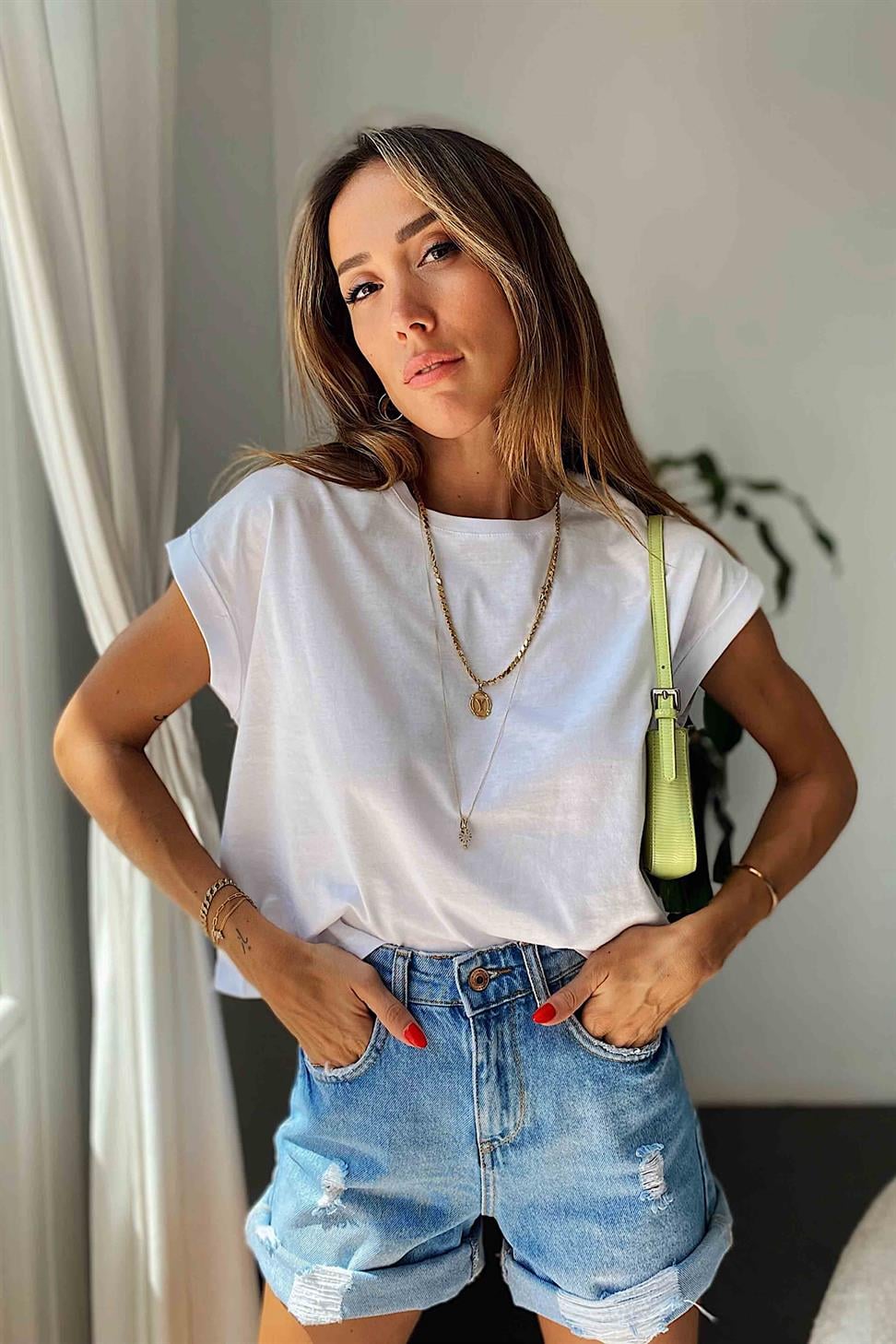 Duble Kol Bisiklet Yaka Tişört Beyaz