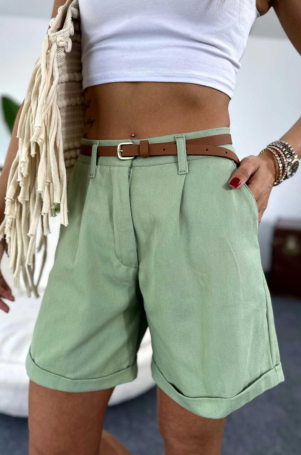 Duble paça Şehir Boy Kemerli Gabardin Şort Çağla Yeşili