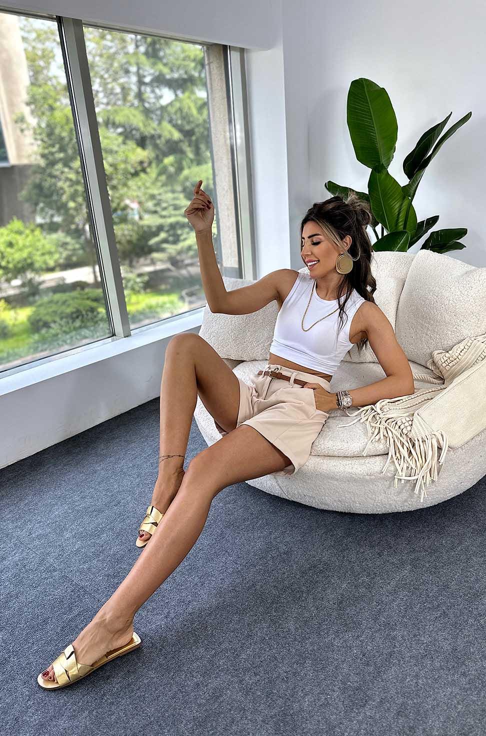 Duble paça Şehir Boy Kemerli Gabardin Şort Taş