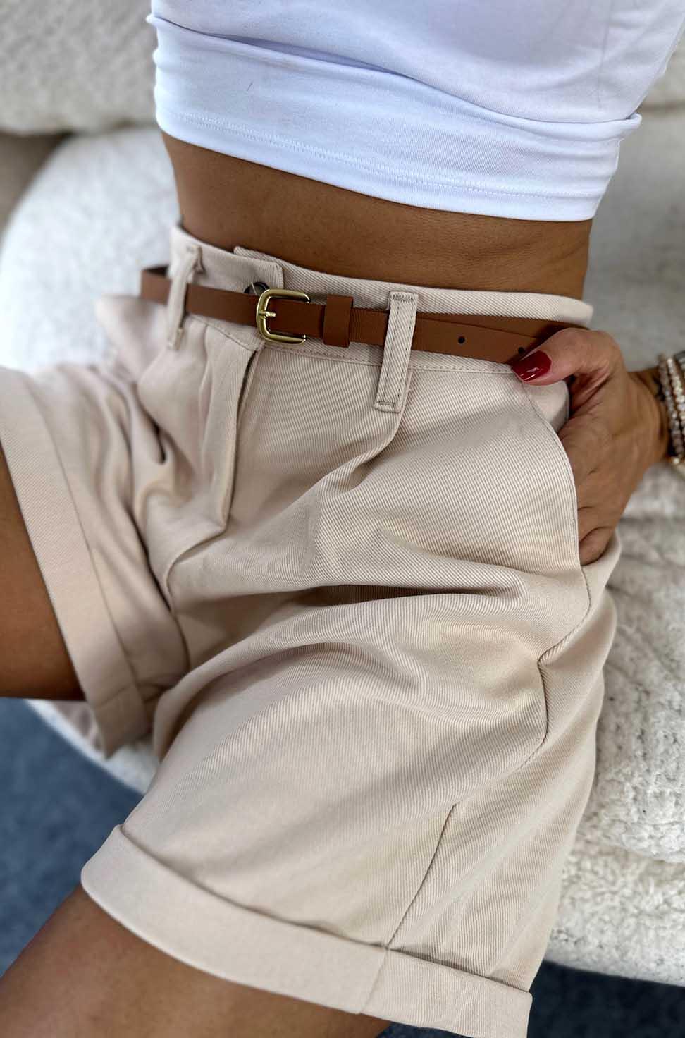 Duble paça Şehir Boy Kemerli Gabardin Şort Taş