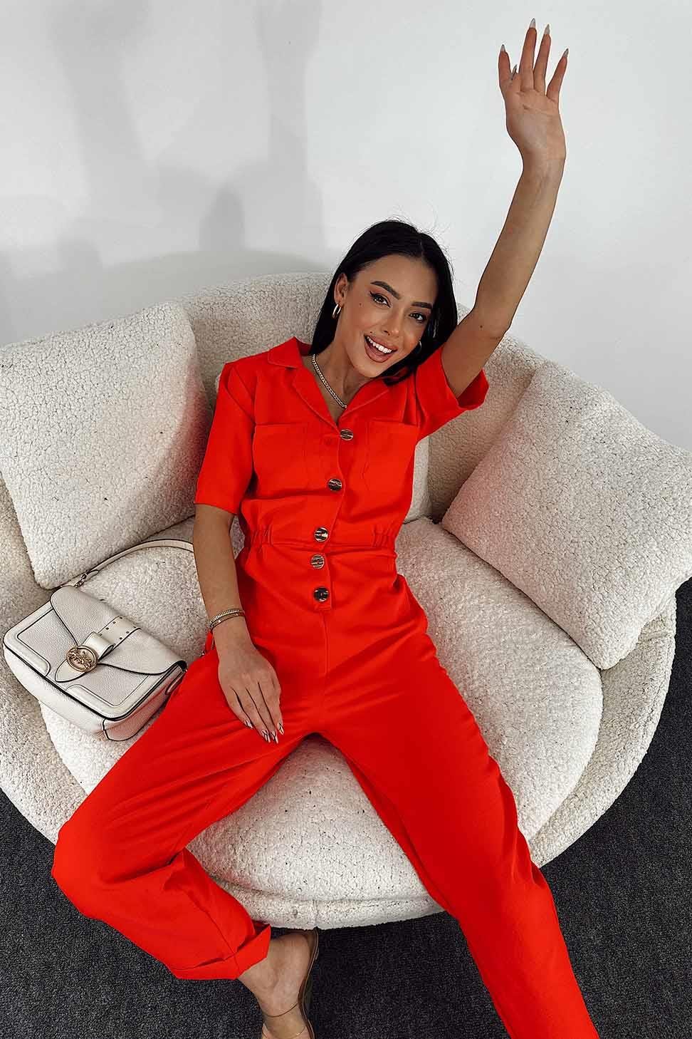 Düğmeli Cep Detay Tulum Nar Çiçeği