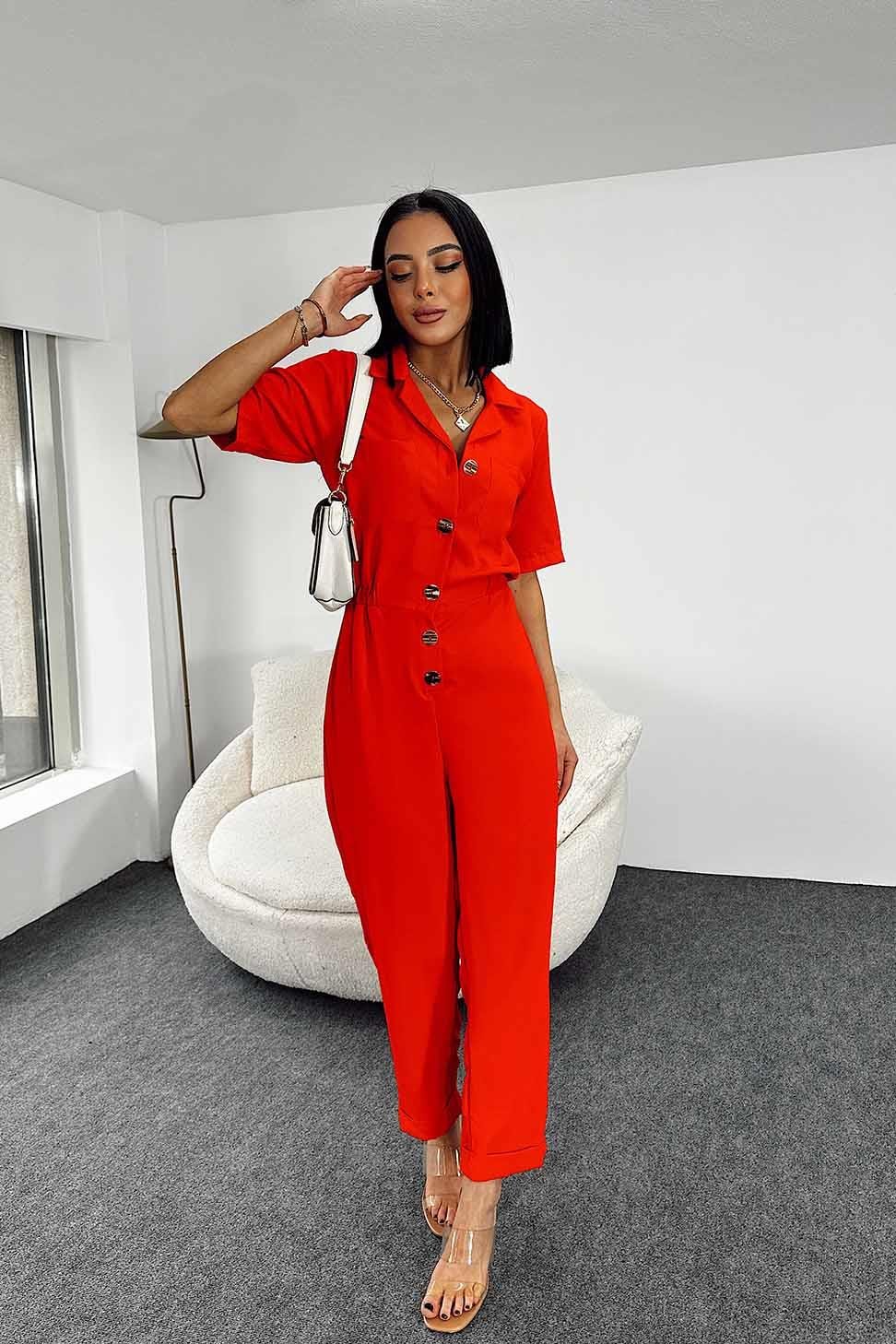 Düğmeli Cep Detay Tulum Nar Çiçeği