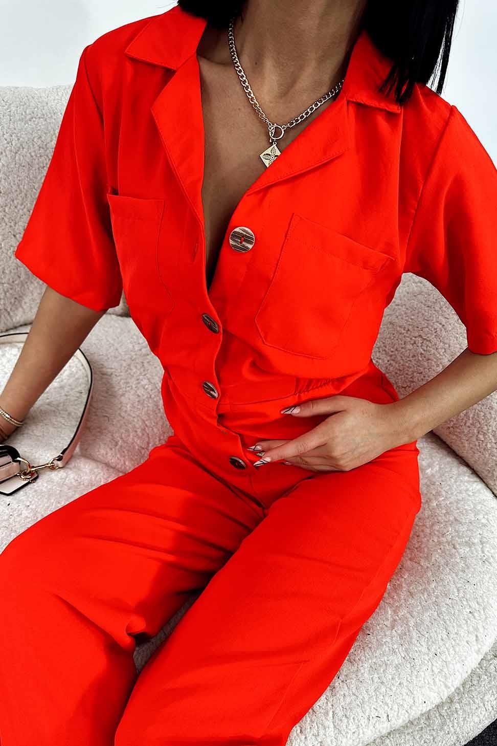 Düğmeli Cep Detay Tulum Nar Çiçeği